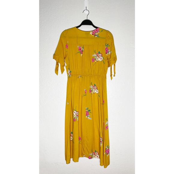 A.N.A A New Approach Women's Golden Yellow Rayon Floral Midi Dress Tie Sleeves - Picture 3 of 6
